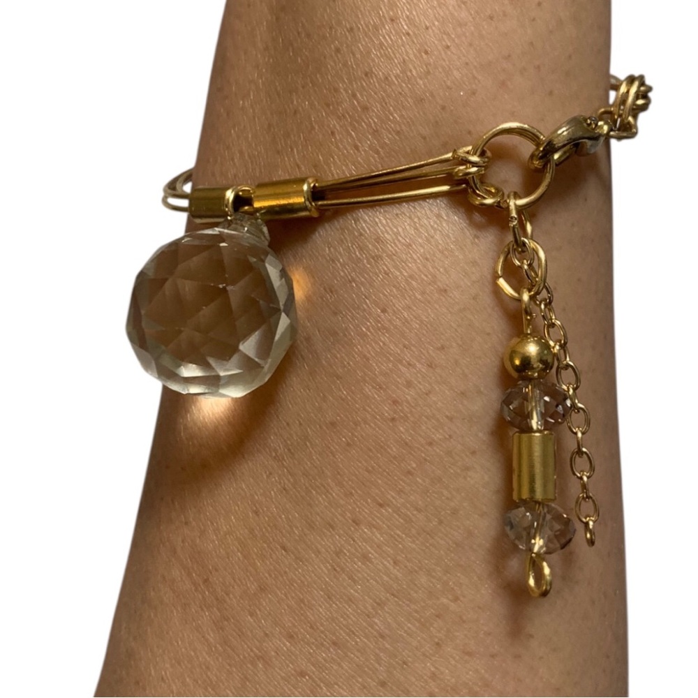 Brass Bangle Bracelet with Large Clear Faceted Crystal Charm and triple Wire+Box